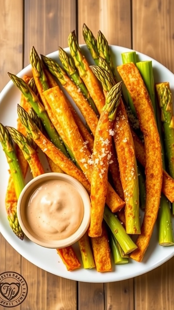 Crispy Air Fryer Asparagus Fries Recipe Crispy air fryer asparagus fries served with dipping sauce on a rustic table.